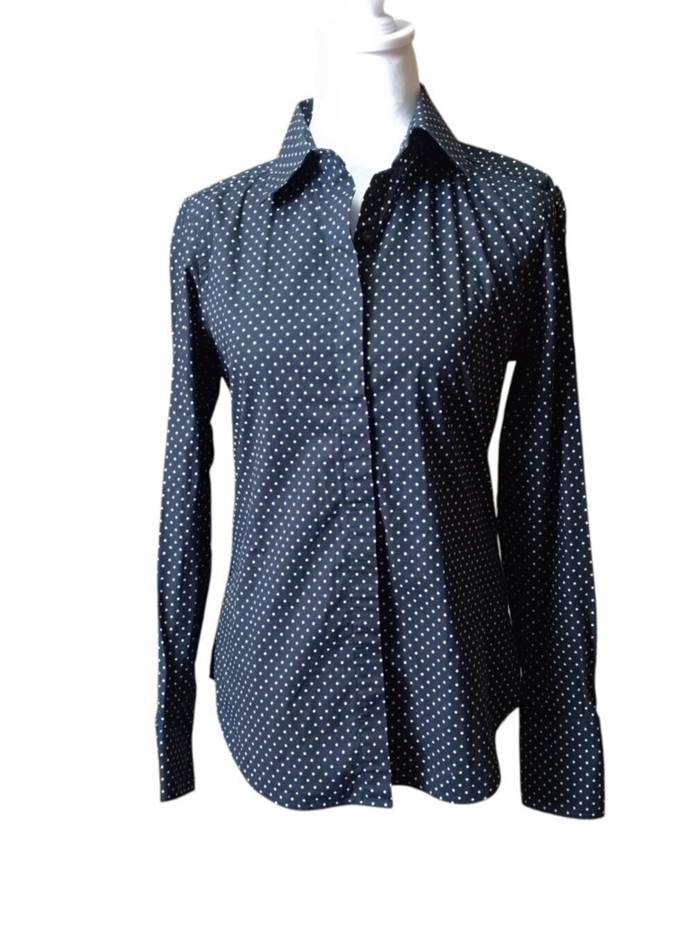 Club Monaco Polka Dot Size Small Button Front Long Sleeve Shirt Black Classic
